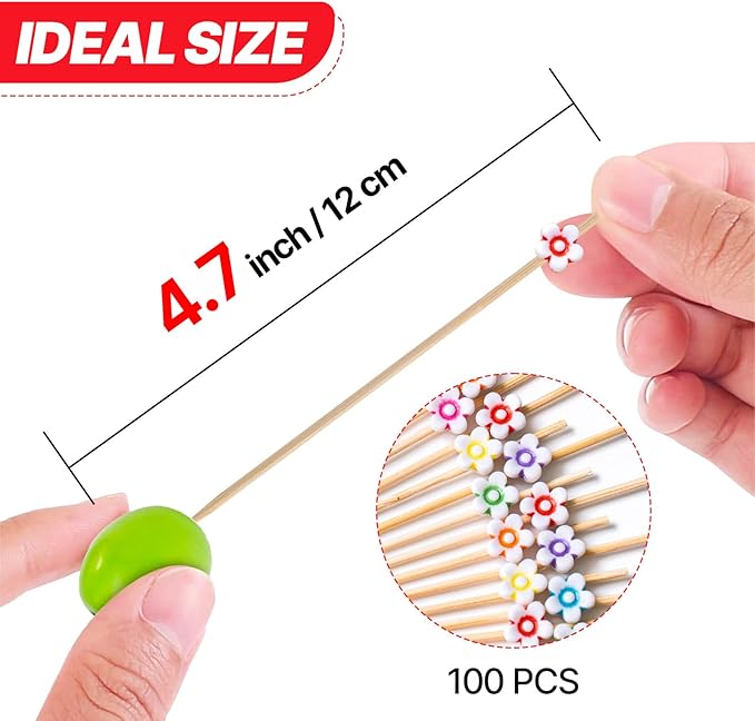PuTwo Cocktail Picks Handmade Bamboo Toothpicks 100pcs 4.7” in Multicolor Flower