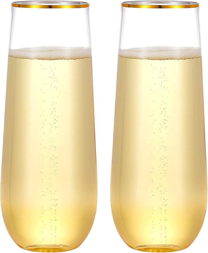 N9R 24PCS Plastic Champagne Flutes, 9 Oz Stemless Disposable Gold Rim Toasting Glasses, Crystal Clear Cocktail Cups Drinkware Shatterproof Ideal for Party Wedding Birthday