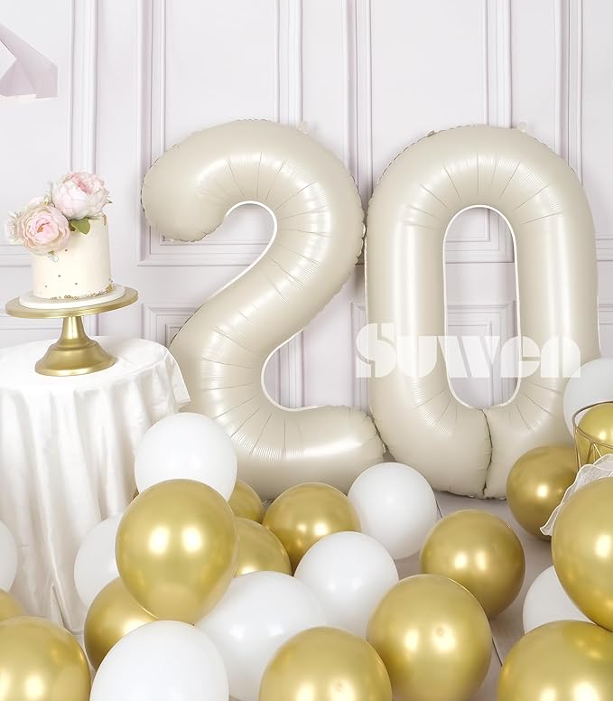 SUWEN 40 Inch Cream White Large 20 Number Balloons Big Foil Helium Number Balloons 0-9 Jumbo Happy 20th Mylar Birthday Party Decorations for Women or Men Anniversary Party Supplies