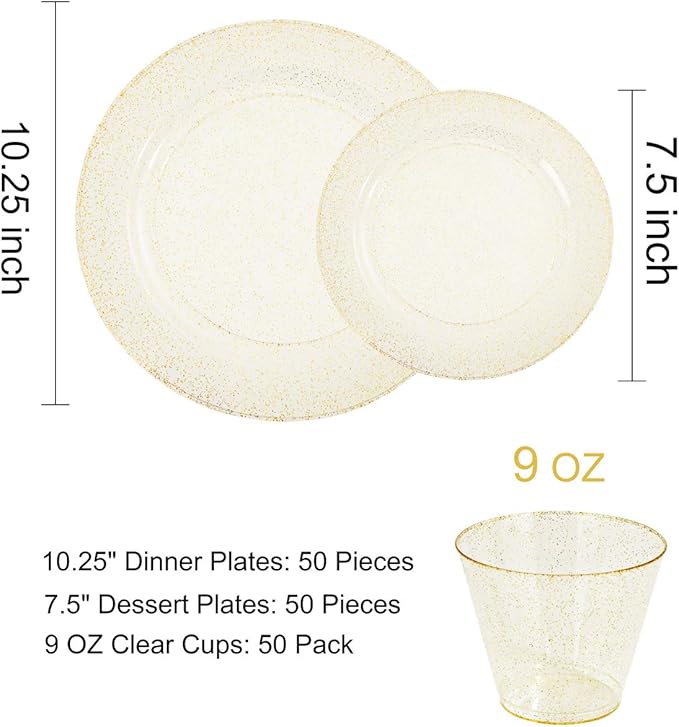 DaYammi 350 Pieces Gold Glitter Dinnerware Set 50 Guest for Party Thanksgiving Plates Disposable - 50 Dinner Plates, 50 Dessert Platos -50 Per Rolled Napkins with Gold Cutlery -50 Disposable Cups 9 OZ