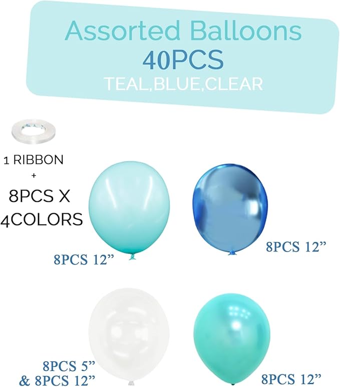 Under the Sea Party Decorations Teal Turquoise Blue Clear Balloons Assorted Colors Kit for Ocean Beach Pool Mermaid Fish Shark Theme Birthday& Classroom Decor-40Pcs Pearl Metallic Blue,Bubble Balloon