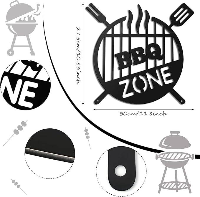 Funrous Metal BBQ Sign Outdoor Round Grill Zone Retro Barbecue Monogram Wall Decor Kitchen Hanging Grill Barbecue Sign for Backyard Patio Farmhouse Porch Deck Decorations