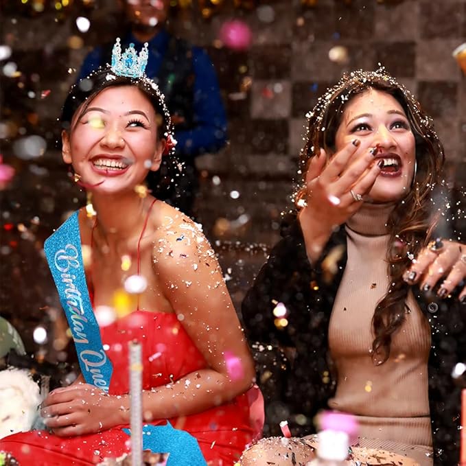 Birthday Queen Sash for Women Tiara & Crowns Headbands for Girls Happy Birthday Party Accessories Favor Supllies Leona Blue Silver Pink, 2 Pack