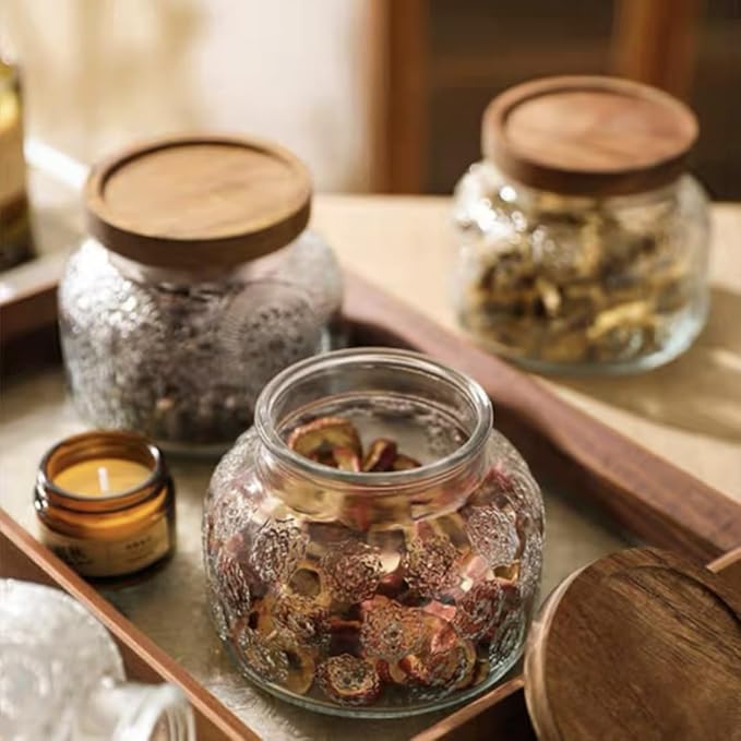 ANSQU Vintage Glass Jar with Solid Wood Lid, 25.4 FL OZ Snowflake Pattern Food Storage Jar, Home Kitchen Decorative Storage Cabinet, Oatmeal, Jam, Coffee, Candy, Cookie Jar, Pet Food Jar (Snowflake)