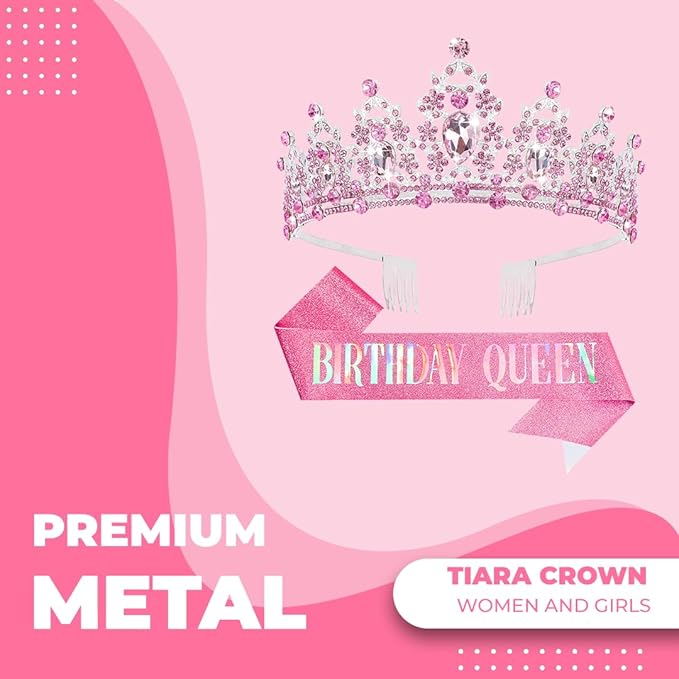 Birthday Tiara Crown with Sash for Women, Headband Hair Accessories for Wedding Party Costume (B-Pink)