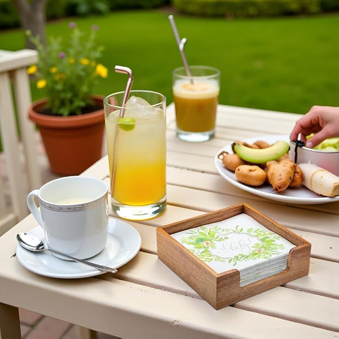 Acacia Wood Napkin Holder for Table, Farmhouse Square Napkin Dispenser with Wide Side Opening - Easy to Grab Paper Napkins for Dining Table & Kitchen Counter (7.3“x7.3"x2.3")