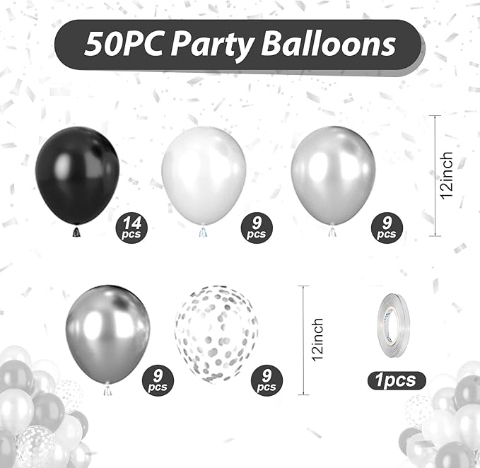 Black and Silver Balloons, Black White Balloons, Pearl Silver White Balloon Confetti Balloon for Birthday Party Baby Shower Gender Reveal Wedding Anniversary Graduation Decor
