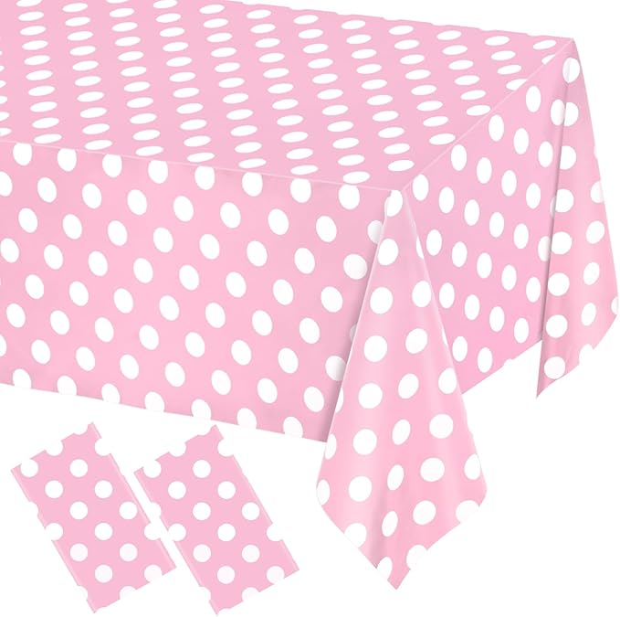 WNINK 2 Pack Light Pink and White Polka Dot Tablecloths, Pink Disposable Plastic Table Cover for Birthday, Wedding, Bachelor, Pink Girl Party, and Picnic Camping Parties 54" x 108"