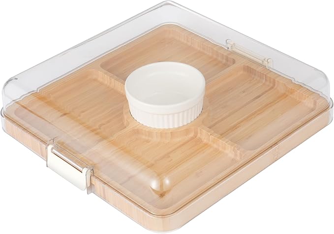 YANG Charcuterie Board with Lid, Divided Bamboo Serving Tray with Leak-Proof Locking Lid, Serving Platter Dish for Housewarming Party Gift Ready (5 Compartments,Square)