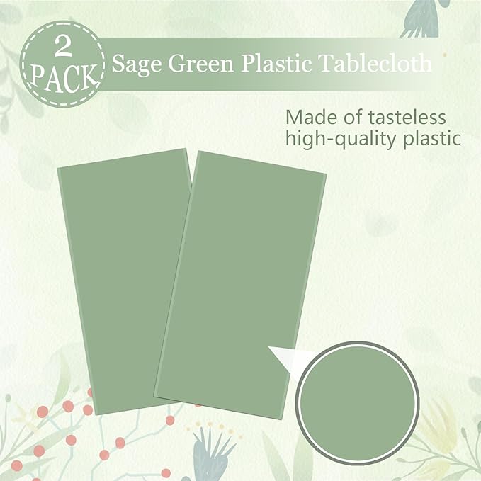 WNINK 2 Pcs Sage Green Plastic Tablecloth for Rectangle Tables Waterproof Green Disposable Table Cover Green Tablecloths for Birthday Wedding Bridal Shower Engagement Parties (54 x 108 Inch)