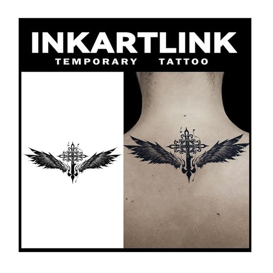INKARTLINK Tattoo Tech, 2 Sheets Large Semi Permanent Tattoo, Adult Art Design Temporary Tattoos, Lasts 1-2 Weeks, Waterproof, Realistic Look, No Adhesive, No Reflection (Cross with Wings Design)