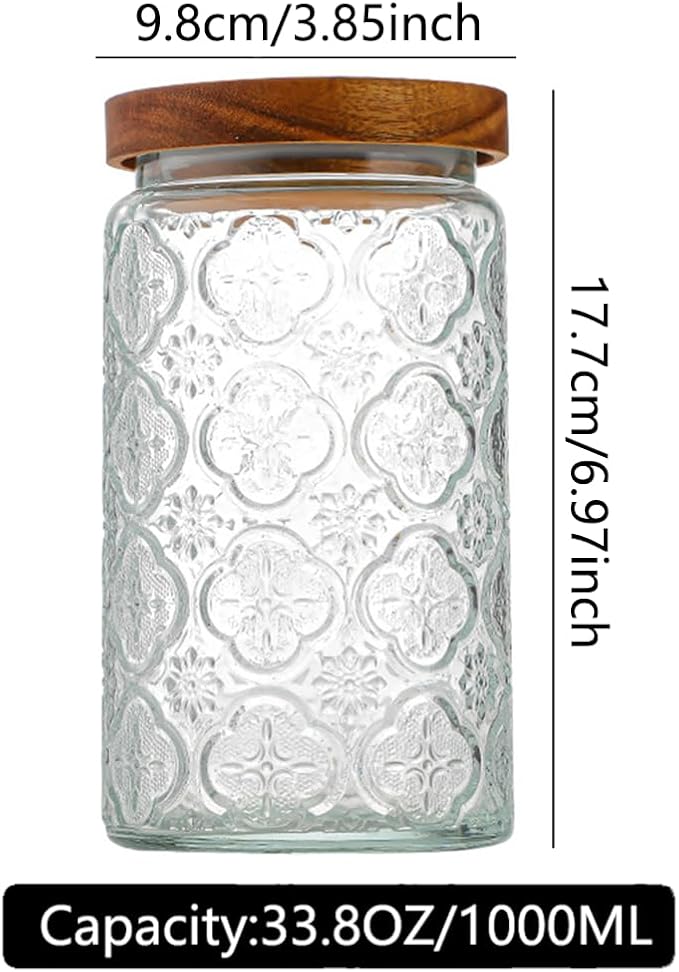 ANSQU Vintage Glass Storage Jar, Glass Canister Storage Jar Container with Airtight Wooden Lid for Kitchen Counter, Pantry, Coffee, Tea, Sugar, Cookie Jars (Round-Begonia)