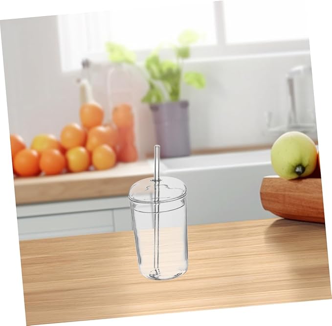 Large Capacity Glass Drinking Mug with Straw Decorative Transparent Juice Cup for Home Office Hotels Smooth Rim Easy to Clean Beverage Container