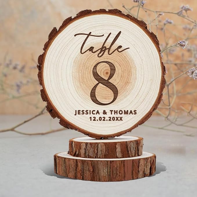 Rustic Wedding Decor - Table Number Personalized Laser Engraved Wood Slice - Wedding Cake Toppers - Custom Anniversary Keepsake and Cake Decor - Custom Plaqu Table of 1, 2, 3, 4, 5, 6, 7, 8