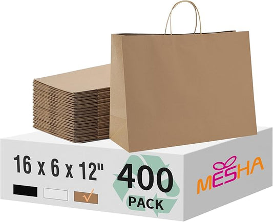 MESHA Gift Paper Bags 400 PACK 16x6x12" Brown Large Shopping Kraft Bags Bulk with Handles Reusable for Business,Grocery,Birthday,Wedding,Kids Party,Favors