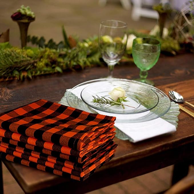 Urban Villa Halloween Cloth Napkins Back Orange Checks Dinner Napkins 20''x20'' (Set of 12) 100% Cotton Absorbent Napkins Soft Durable Reusable Washable Ideal for Events Parties Everyday use