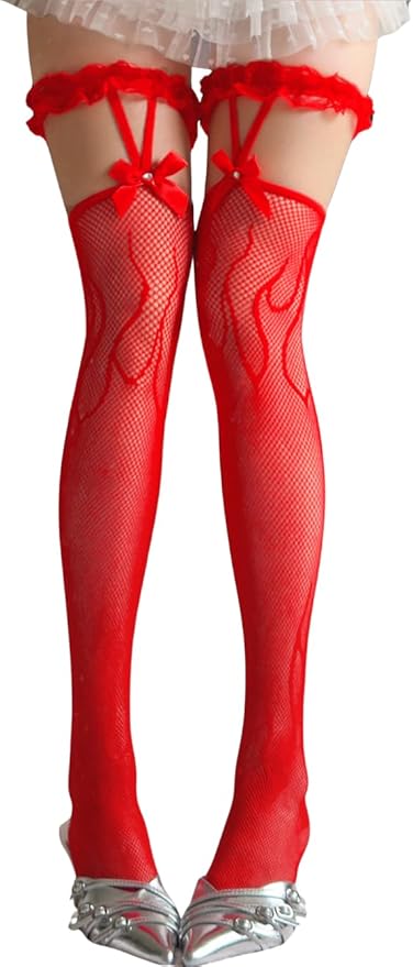 Flame Fishnets,Patterned Thigh High Stockings With Bow,Sexy Fire Devil Costume Women