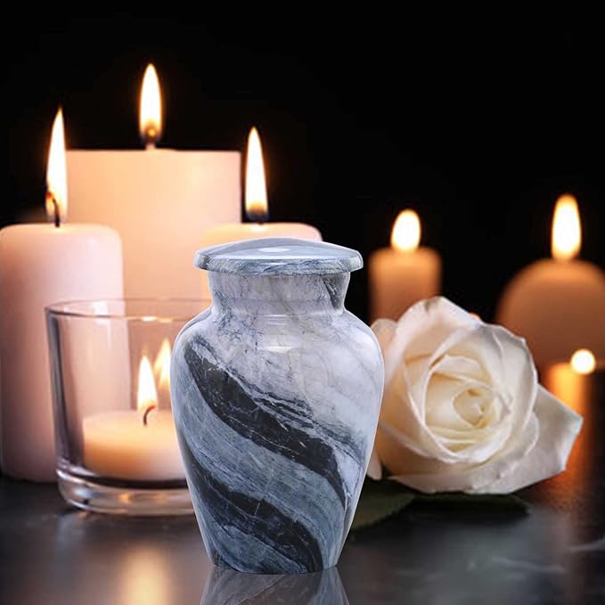 Small Keepsake Cremation Urns for Human Ashes - Marble Finish Metal Keepsake Urn - Mini Cremation Urn for Pet Ashes - Handcrafted Memorial Urn - Funeral Urns with Velvet Bag (Silver Wave)