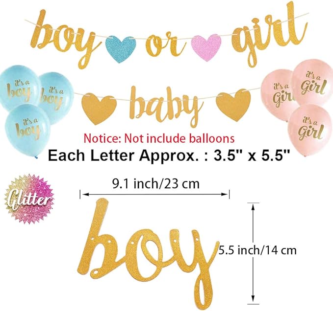 Baby Gender Reveal Decorations - Glitter Letters Baby and Boy or Girl with Hearts Banner, Tissue Paper Tassels Garland Set for Gender Reveal Party Decorations
