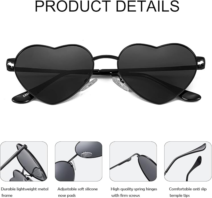 JOVAKIT Polarized Heart Sunglasses for Women Fashion Lovely Style Metal Frame UV400 Protection Lens