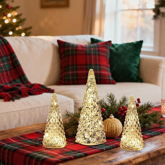 Christmas Decorations Indoor, YEAHOME Set of 3 Pre-lit Gold Glass Christmas Tree for Home Decor, Christmas Table Decorations Lighted Xmas Tree with Timer for Living Room Mantel Tabletop Party