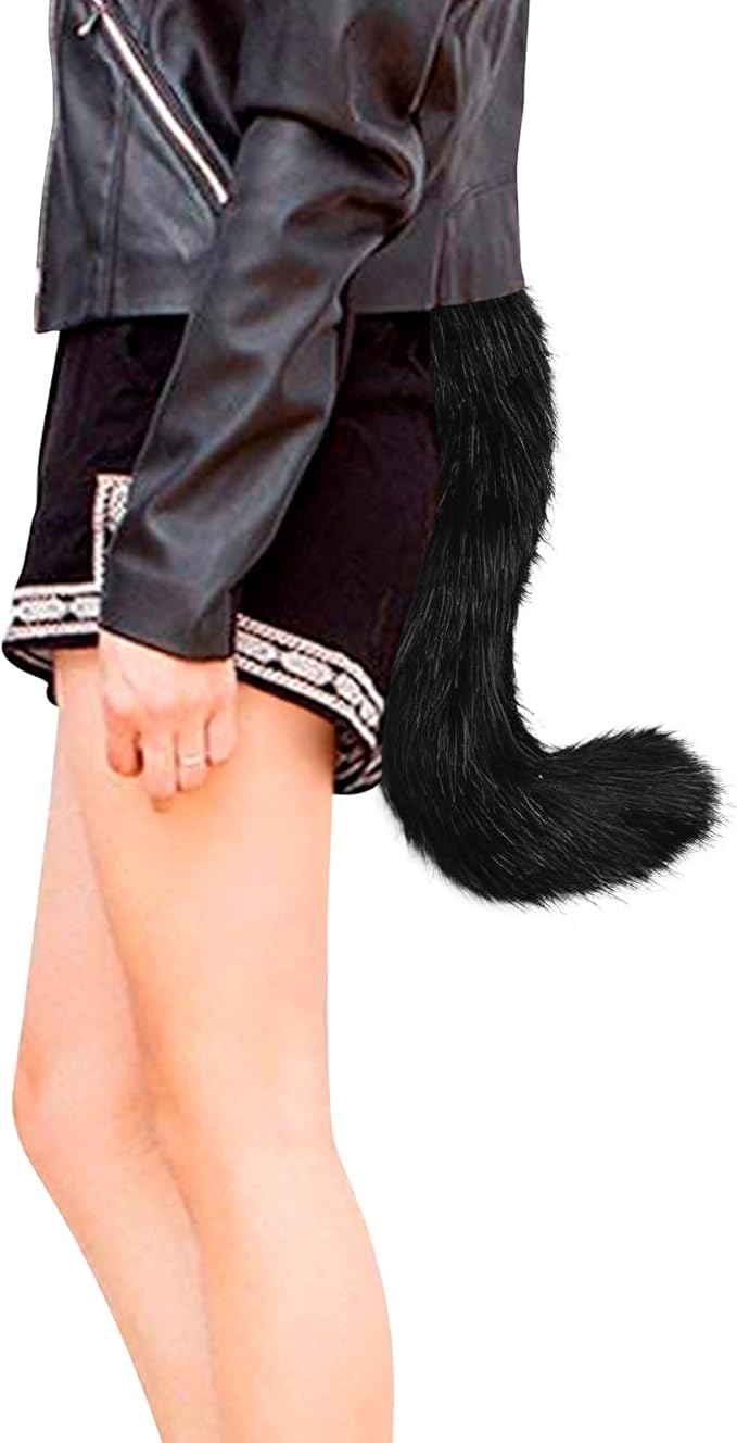 Animal Cat Wolf Fox Dog Faux Fur Tail for Halloween Party Cosplay Costume Accessories Black