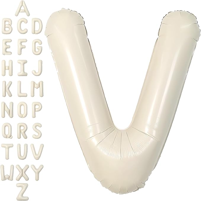 SUWEN 40 Inch Cream Large V Letter Balloons Big Foil Helium Letter Balloons A-Z Jumbo Mylar Happy Birthday Party Decorations for Girl Anniversary Party Supplies