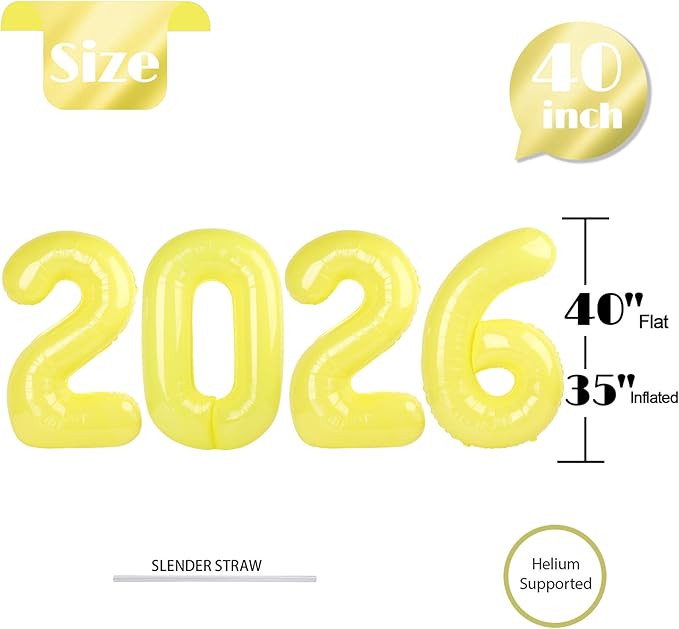 Yellow 2026 Number Balloon, Yellow Number Balloons 40 Inch, 2026 Balloon Birthday Decorations, 2026 Birthday Party Supplies