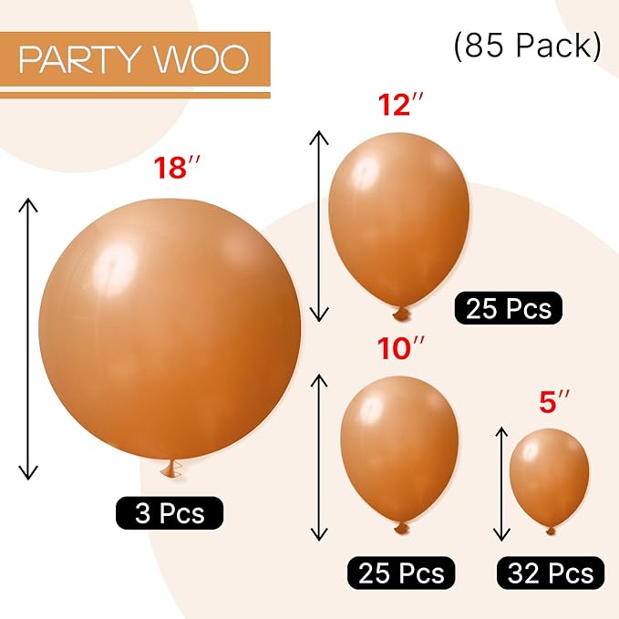 PartyWoo Light Brown Balloons 85 pcs Different Sizes of 18 12 10 5 Inch Caramel Brown Tan Boho Neutral Latex Balloon Arch Kit Garland for Birthday Wedding Baby Shower Party Decorations Brown-F10