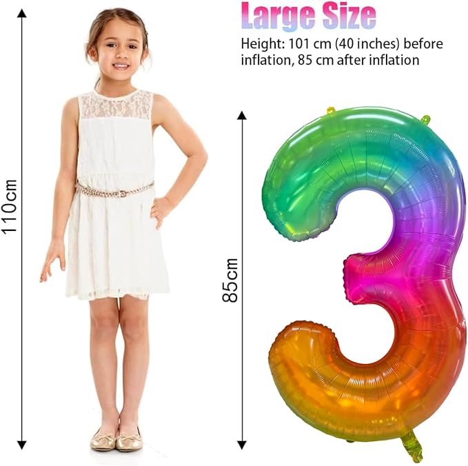 Rainbow Number 3 Balloon 40 Inch Rainbow 3 Balloon Giant Helium Foil Number 0 to 9 Balloons Birthday Wedding Party Digital Decorations Number 3