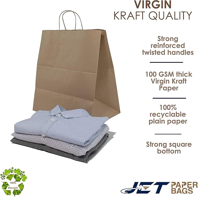 JET PAPER BAGS - 14”x9”x16” Inch [50 Pcs] Large Brown Paper Bags with Handles Prime for Takeout, Grocery, Goody, Retail, Party, Gifts, Weddings
