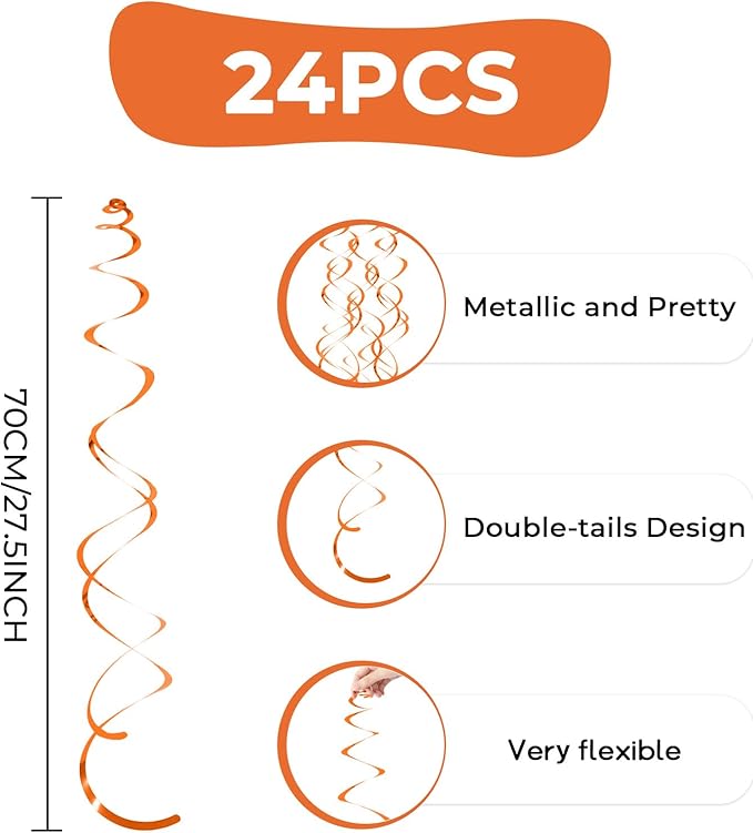 24 PCS Orange Hanging Swirl, Sparkle Ceiling Decorations, Plastic Streamer Party Decorations with Double-Swirls and Single-Swirls for Birthday Decorations, Thanksgiving Day，Graduation, Baby Shower