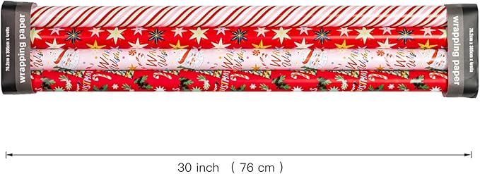 WRAPAHOLIC 30 Inch Christmas Wrapping Paper Roll - Jumbo Roll Red and Pink Santa Claus Cup, Christmas Tree Holiday Design - 4 Rolls - 30 Inch x 120 Inch Per Roll