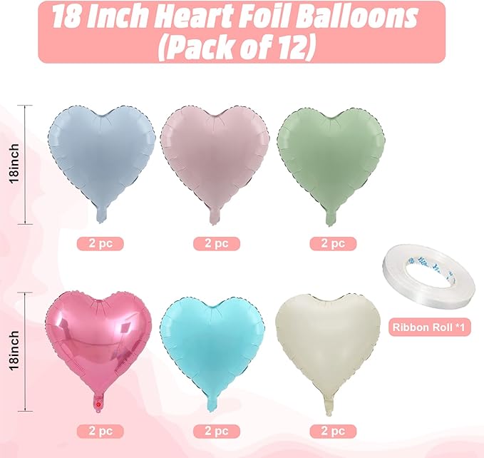 Pastel Colorful Heart Balloons, 18 Inch Matt Rainbow Heart Shape Balloon, 12PCS Multicolor Macaron Helium Foil Heart Balloon for Kids Birthday Baby Shower Engagement Wedding Party Decoration