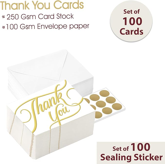easykart labels 100 PCS Thank You Cards with Gold Foil, 5.5" x 4", Thank You Notes, Ivory Cards With Envelopes for Wedding, Business, Baby Shower, Small Business, Funeral, Graduation