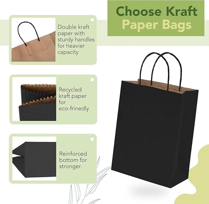 MESHA Gift Paper Bags 300 PACK 8x4.25x10.5'' Black Medium Shopping Kraft Bags Bulk with Handles Reusable for Business,Grocery,Birthday,Wedding,Kids Party,Favors