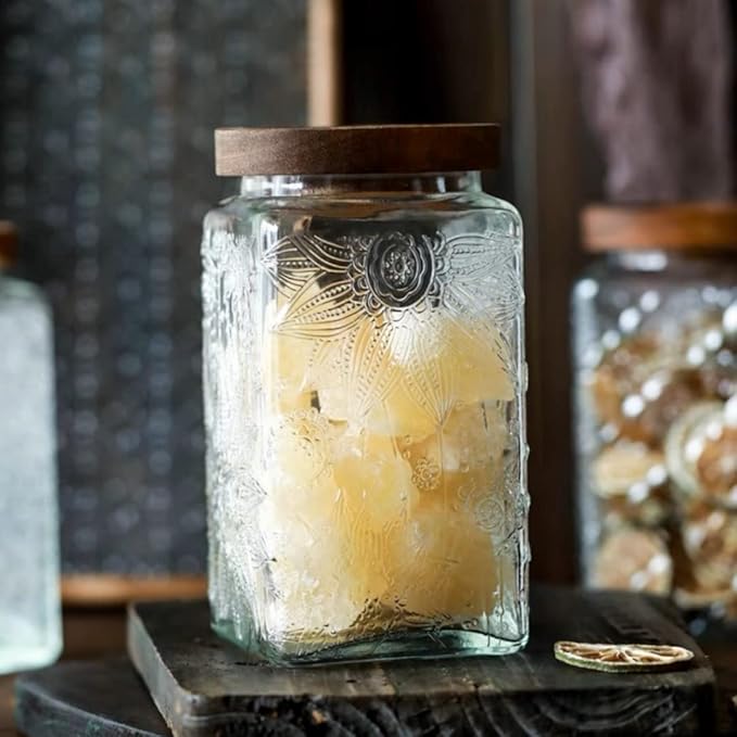 ANSQU Vintage Glass Storage Jar, Glass Canister Storage Jar Container with Airtight Wooden Lid for Kitchen Counter, Pantry, Coffee, Tea, Sugar, Cookie Jars (Round&Square-Sunflower)
