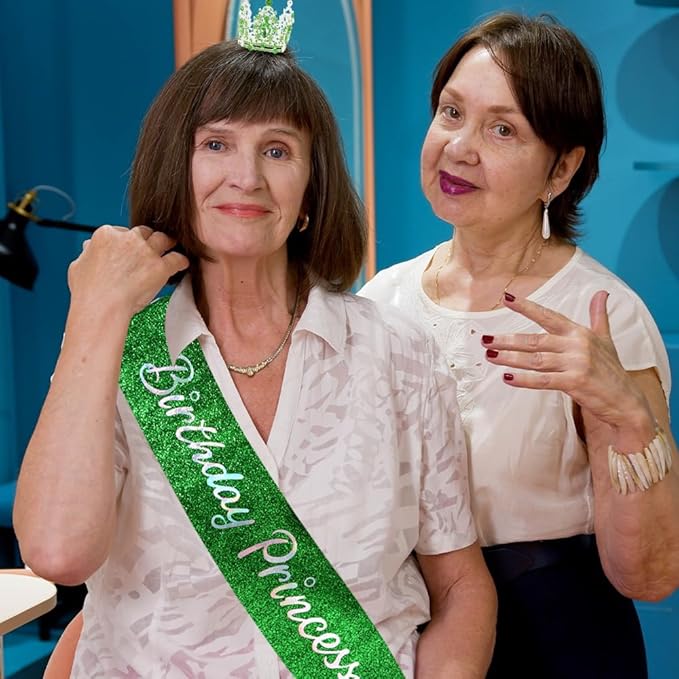 AOPRIE Birthday Princess Sash for Women Tiara & Crowns Headbands for Girls Happy Birthday Party Accessories Favor Supllies Leona Silver Pink Green, 2 Pack