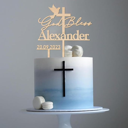 Personalized Baptism Cake Topper in Wood Custom Name God Bless Cake Topper Decoration (Design 03)