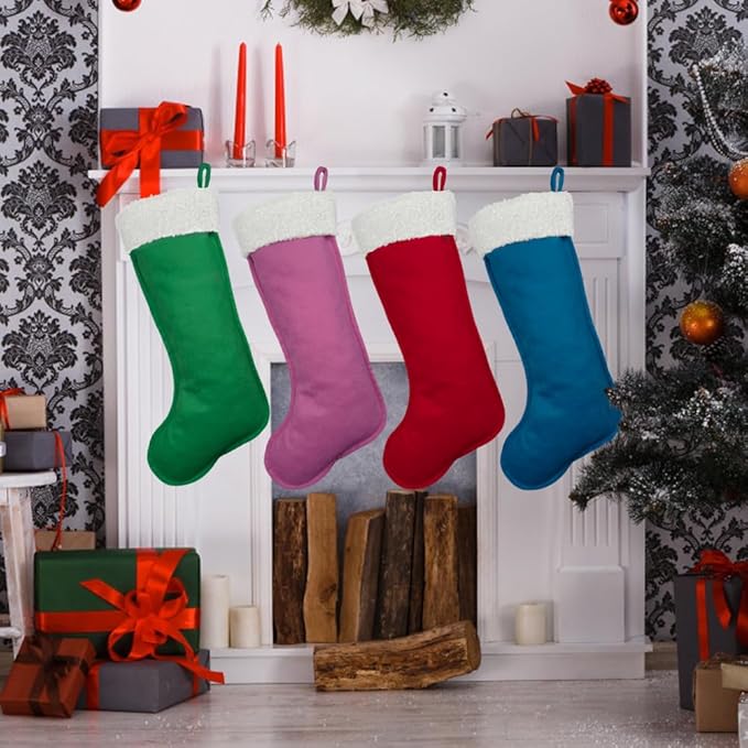 Christmas Stockings for Family Holiday Decor Xmas Tree Fireplace Christmas Stockings Bulk (6, Red-Grain-Large)
