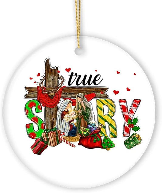 True Story Joseph and Mary Holiday Festive Christmas Ornament, Christian Nativity Gift (Circle)