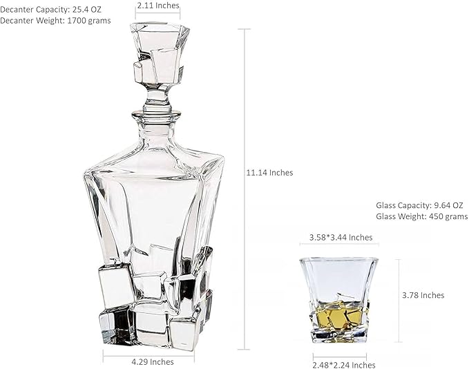 Whiskey Decanter Glasses Set Lead-Free Crystal Glass Scotch Tasting Cups Wine Bottle for Drinking Irish Whisky Bourbon Tequila tumbler (Ice cubes, 1 Decanter & 6 Glasses Set)
