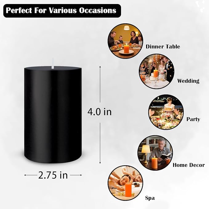 6 Packs 2.75x4 Inch Black Pillar Candles, Unscented Dripless Cylinder Wax Solid Colored Candles for Haloween Home Table Holiday Party Spa Decor Emergency Power Outage