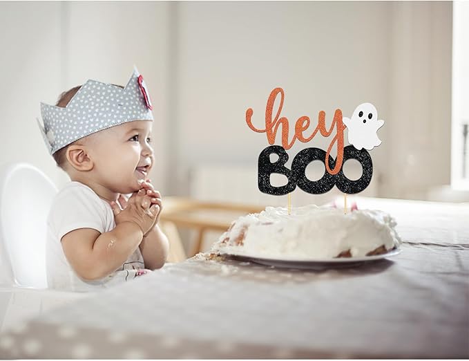 Hey Boo Cake Topper - Happy Boo Day Ghost Cake Topper, Ghost Halloween Cake Decorations for Birthday, Baby Shower, Party Supplies