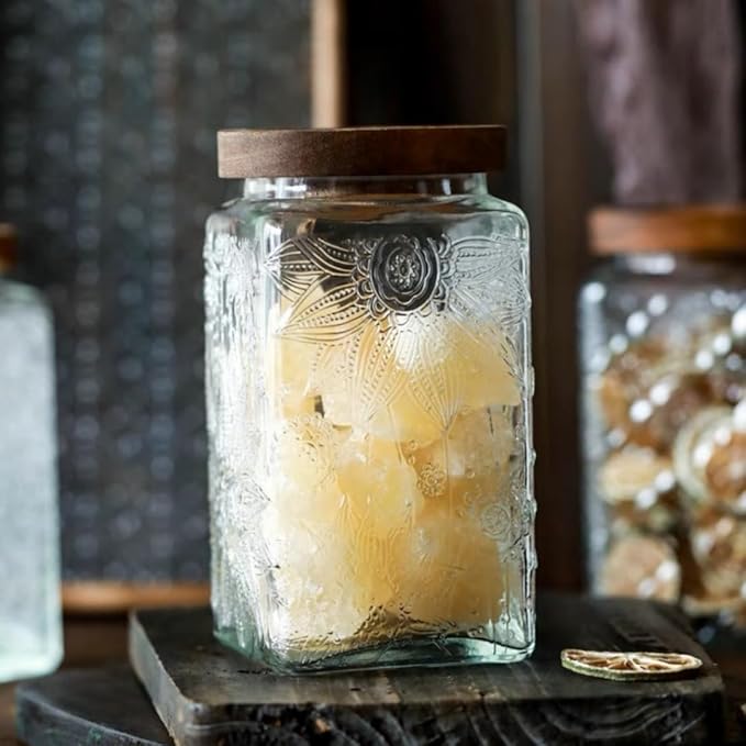 ANSQU Vintage Glass Storage Jar, 34oz Glass Canister Storage Jar Container with Airtight Wooden Lid for Kitchen Counter, Pantry, Coffee, Tea, Sugar, Cookie Jars (Square-Sunflower)