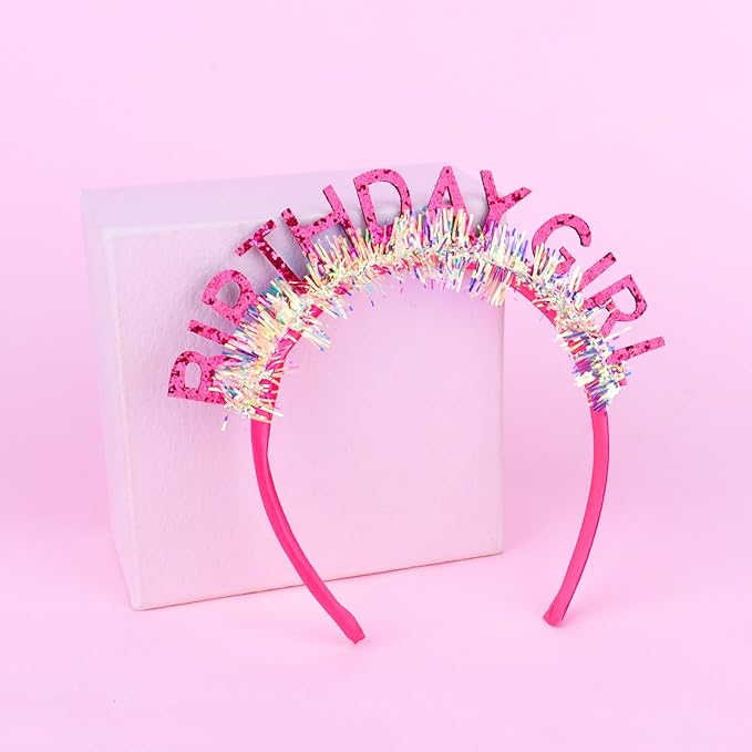 Jaciya Birthday Girl Glitter Headband for Women Girls Sparkling Hot Pink Party Hair Accessories with Confetti Tinsel