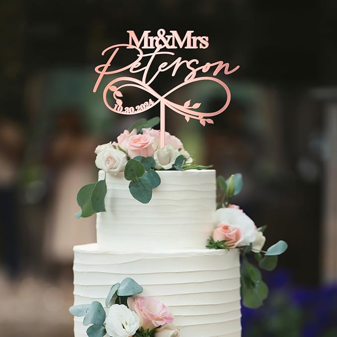 Mr & Mrs Wedding Cake Topper Custom Last Name and Date Personalized Wedding Anniversary Cake Decoration Leaves Infinity in Acrylic