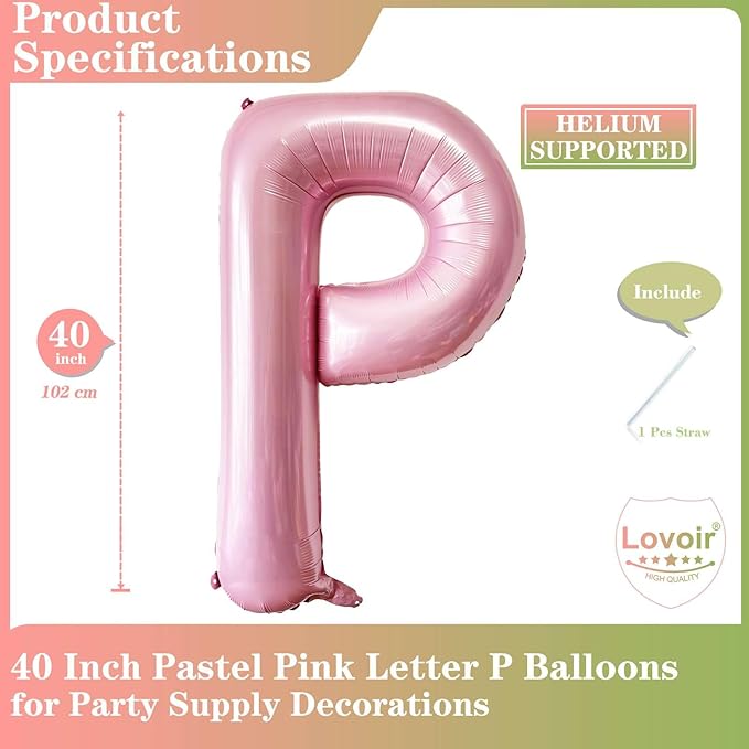 Pink Letter P Balloons, 40 Inch Pastel Pink Letter Balloons P Foil Mylar Helium Pink Letter Balloons for Birthday Party Supplies Anniversary Event Celebration Decorations Alphabet Pink P