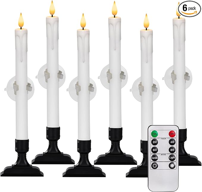 Homemory 6 Pcs Window Candles with Remote Timer Dimmer, Battery Operated Candlesticks with Holders and Suctions, White LED Christmas Candle for Window Xmas Holiday Decor