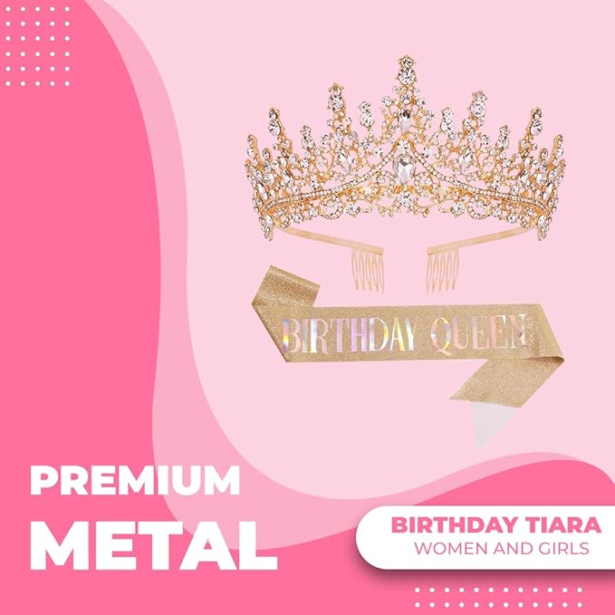 Birthday Tiara Crown with Sash for Women, Headband Hair Accessories for Wedding Party Costume Rose